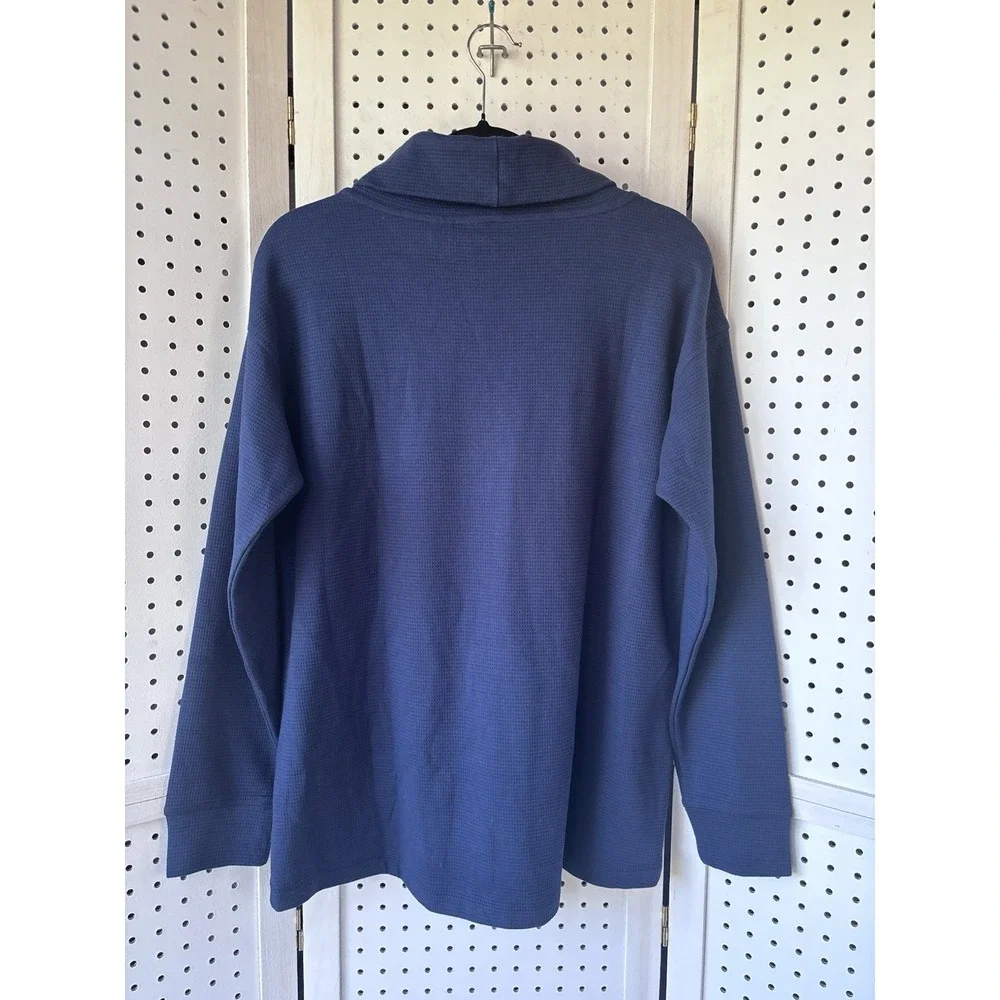 Lands' End Women's M Navy Blue Waffle Knit Funnel Cowl Neck Pullover Top LongSLV